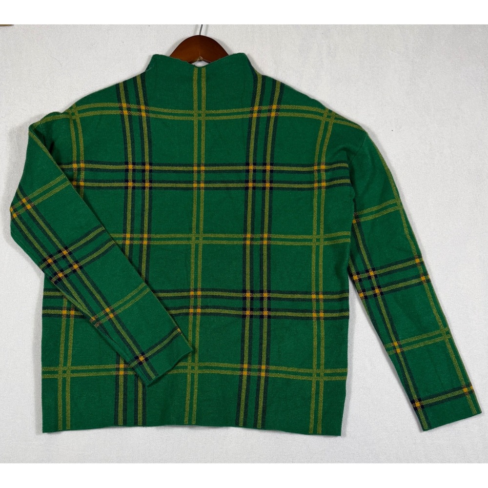 Tahari Womens Green Plaid Mock Neck Knit Sweater Size M Long Sleeve Rayon Blend